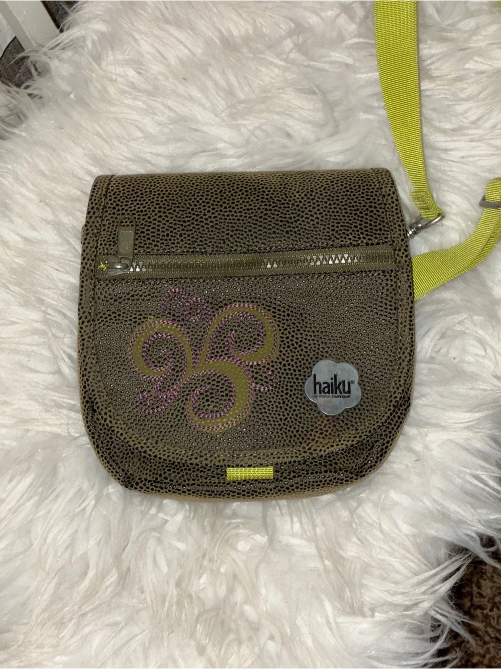 Haiku Olive Crossbody‎ Bag with Lime Strap with Embroidery